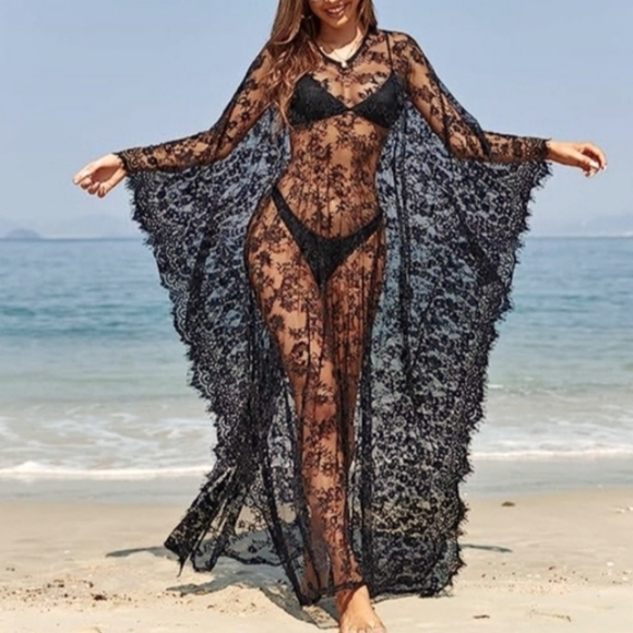Sheer Sexy Black Lace Caftan Long Maxi Coverup Lingerie Dress Gothic Gown Kaftan - Picture 5 of 16